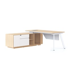 Rapidline Casa Executive Desk + LHS Cabinet + Panel Eternity Leg 2000Wx1800Dx748mmH Oak/Wht