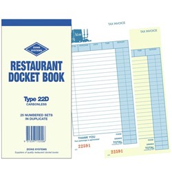 ZIONS RESTAURANT DOCKET BOOKS 22D Dup C Less 200x100mm 22 Lines