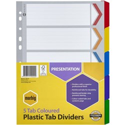 MARBIG COLOURED DIVIDERS A4 5 Reinf Tab PP Set of 5