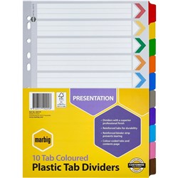 MARBIG COLOURED DIVIDERS A4 10 Reinf Tab PP Set of 10