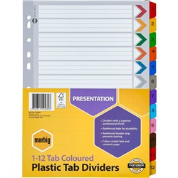 MARBIG COLOURED DIVIDERS A4 1-12 Reinf Tab PP Includes 12 Tabs