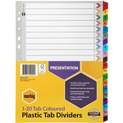 MARBIG COLOURED DIVIDERS A4 1-20 Reinf Tab PP Includes 20 Tabs