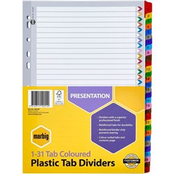 MARBIG COLOURED DIVIDERS A4 1-31 Reinf Tab PP Includes 31 Tabs