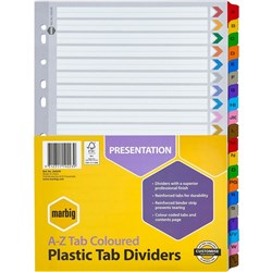MARBIG COLOURED DIVIDERS A4 A-Z Reinf Tab PP Includes 26 Tabs - 35024F