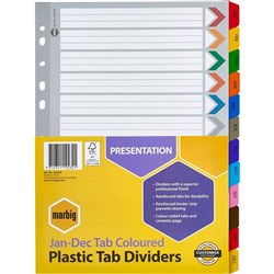 MARBIG COLOURED DIVIDERS A4 Jan-Dec Reinf Tab PP Includes 12 Tabs