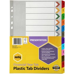MARBIG COLOURED DIVIDERS A4 FIN YEAR TAB REINF BRD AST Includes 12 Tabs