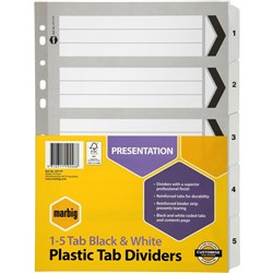 MARBIG BLACK & WHITE DIVIDERS A4 1-5 Reinf Tab Board Includes 5 Tabs