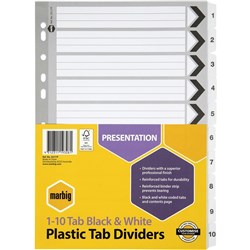 MARBIG BLACK & WHITE DIVIDERS A4 1-10 Reinf Tab Board Includes 10 Tabs