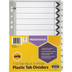 MARBIG BLACK & WHITE DIVIDERS A4 1-12 Reinf Tab Board Includes 12 Tabs