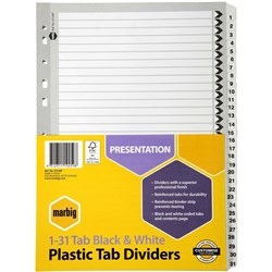 MARBIG BLACK & WHITE DIVIDERS A4 1-31 Reinf Tab Board Includes 31 tabs