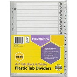 MARBIG BLACK & WHITE DIVIDERS A4 A-Z Reinf Tab Board Includes 26 Tabs