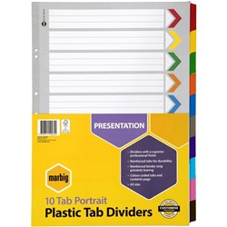 MARBIG COLOURED DIVIDERS A3 1-10Tab Board Portrait Asst Includes 10 Tabs