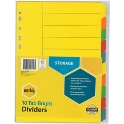 MARBIG BRIGHT MANILLA DIVIDERS A4 10 Tab Multi-Coloured Includes 10 Tabs
