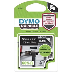 DYMO D1 DURABLE LABELLING TAPE Cassettes White on Black 12mmx3m