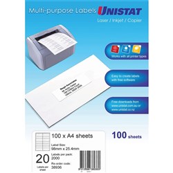 UNISTAT LASER/INKJET LABELS Copier 20/Sht 98x25.4mm Box of 2000
