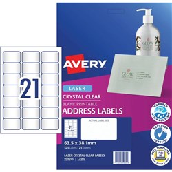 AVERY L7560 CLEAR LASER LABELS Quick Peel 21/Sht 63.5x38.1mm Pack of 525