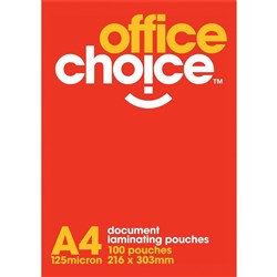 OFFICE CHOICE LAMINATING POUCH A4 125 micron Box of 100