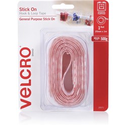 VELCRO BRAND HOOK & LOOP Tape Stick On 25Mm X 1M White