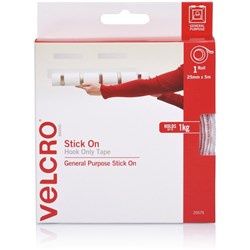 VELCRO BRAND Stick On Hook Only 25mm X 5m White