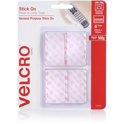 VELCRO BRAND HOOK & LOOP Tape Stick On 25mm X 50mm White Pack of 6