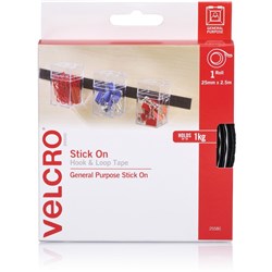 VELCRO BRAND HOOK & LOOP Tape Stick On 25mm X 2.5m Black